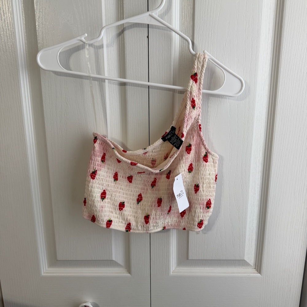 Rue21 smocked one shoulder‎ strawberry crop top size medium